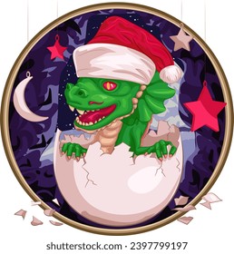 Green wooden dragon hatched from an egg wearing Santa Claus hat in cave. Vector illustration of baby dragon crawling out of an egg in cave wearing Christmas hat with New Year toys above it. 