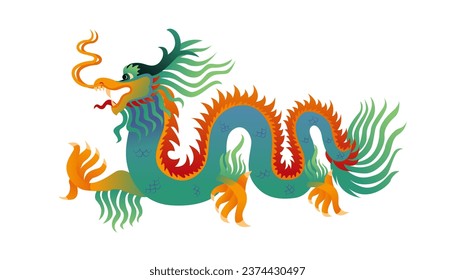 Green Wooden Dragon - Symbol of 2024. Chinese New Year. Traditional Asian Mythical Animal. Vector Illustration.