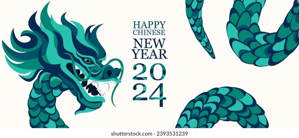 Green wooden dragon symbol of 2024. Chinese New Year. Background with a dragon. Vector illustration.