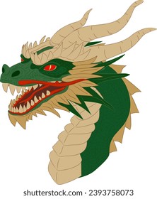 Green wooden dragon - symbol of 2024 
Vector illustration of a green wooden dragon head with a neck. Head with horns, teeth, mustache and horny scales. Vector illustration of fantastic creatures.