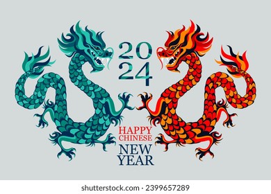 Green wooden dragon symbol of 2024. Chinese New Year. Background with a dragon. Vector illustration.	