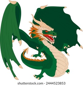 Green wooden dragon with wings. Vector illustration of green wood dragon with wings pointing with its right paw finger. Winged dragon with horns, teeth, mustache, paws, tail and horny scales.