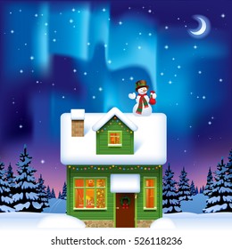 Green wooden house with a snowman against the night winter spruce forest in snow under starry sky with northern lights. Christmas and New Year mug design and greeting card. Vector Illustration