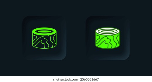 Green Wooden logs icon isolated on black background. Stack of firewood. Black square button. Vector