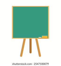 Green wooden school board with chalk and sponge on stand. Back to school concept. Vector illustration in flat cartoon style