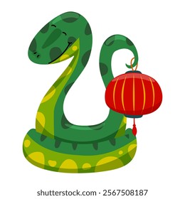 Green wooden snake with red paper lantern. Symbol of the Chinese New Year 2025