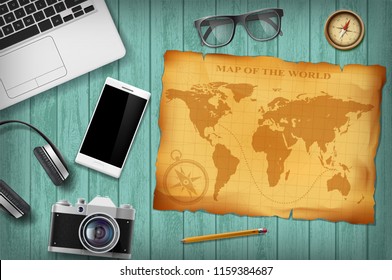 Green wooden table with technology devices and retro map. Travel background. Stock vector illustration.