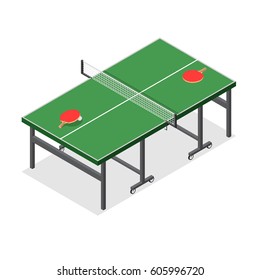 Green Wooden Table Tennis Game Isometric View Equipment for Ping Pong Competition. Vector illustration