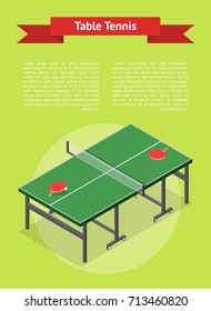 Green Wooden Table Tennis Game Banner Card Isometric View Equipment for Ping Pong Competition. Vector illustration