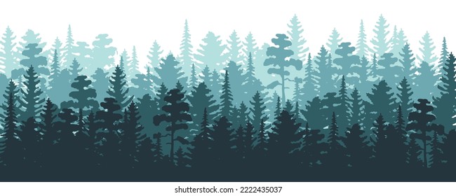 Green woods nature horizontal seamless pattern. Vector conifer trees silhouettes landscape