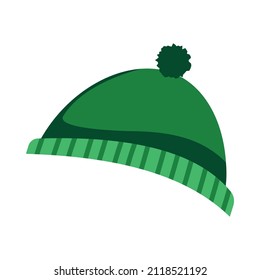 Green Woolen Bobble Hat On White Background Flat Vector Illustration