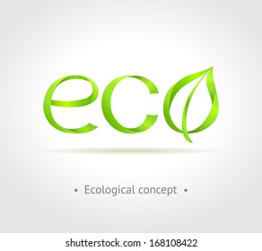 Green word "Eco" with green leaf on gray background. Vector creative concept