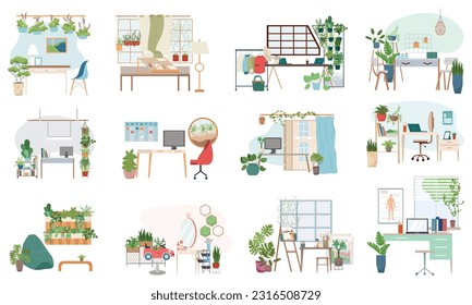 Green workplace flat icons set of people working at home or in office in eco friendly environment with green plants isolated vector illustration