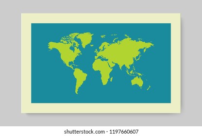 Green Worl map with shadow on blue background. Vector illustration.