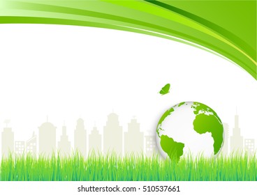 Green world with butterfly for environmental and ecology friendly concept background, vector illustration