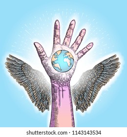 Green world concept. Earth in angel guardian hands. Hand with wings holding planet to save concept.  Ecology doodles sketch. Vector.