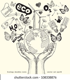 Green world concept. Tree on the earth in hands . Ecology doodles icons vector set.