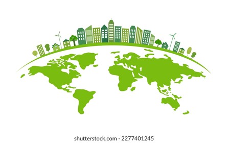 Ilustración vectorial del concepto del mundo verde. Edificios verdes, casas y árboles en el planeta tierra en diseño plano sobre fondo blanco.