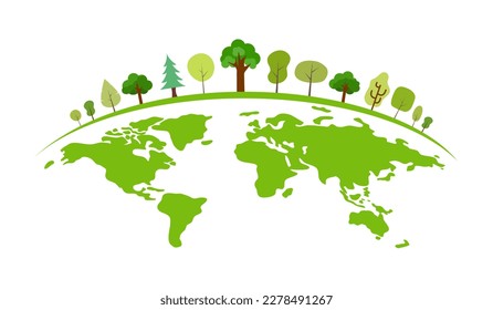 Ilustración vectorial del concepto del mundo verde. Árboles verdes en el planeta tierra en diseño plano sobre fondo blanco.