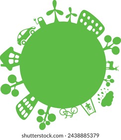 Icono de la tierra del mundo verde con el concepto de huella de carbono, CO2 neutral, desarrollo sostenible, energía renovable, vehículo eléctrico, reciclaje, cuestiones ambientales.