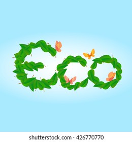 Green world. Ecology saving letters. Save planet symbol. Green leave icon. Environmental problem control and nature saving concept. Eco friendly emblem. Vector save nature Bio world banner background.