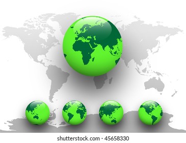 Green world - five detailed earth globe with world map, vector illustration