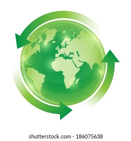 Green world globe with circulation arrows