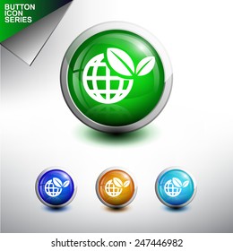 Green World Icon. Glossy Button Icon Set. Vector Illustration