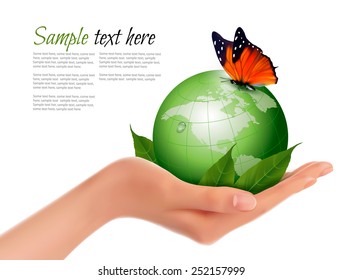 Green world with leaf and butterfly in woman hand. Vector illustration.