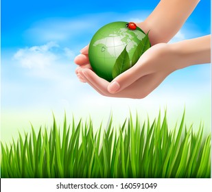 Green world and leaf have love bug in hands. Vector illustration. 