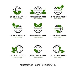 Green world logo design with tree leaf globe vector icon design template