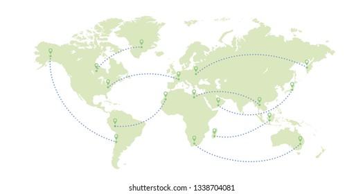 Green world map with aircraft tracks. Vector illustration.