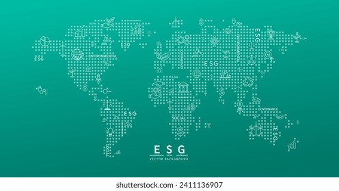 Green world map background with icons. ESG of environmental, social, and corporate governance. Sustainable corporation development and planning business strategy. Banner vector.