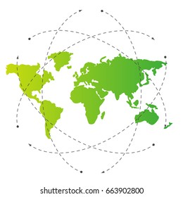 Green world map and blank orbit lines. Illustration template for citybanner, website, design, cover, infographics. Editable eps10 Vector. Transparent background.