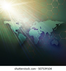 Green world map, connecting lines and dots on dark color background. Chemistry pattern, hexagonal molecule structure, medical research. Medicine, technology concept. Abstract design vector decoration.