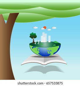 Green world map global environment with happy family stories. Open book of happy family stories. 