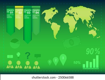 Green world map info graphic with many graphs and icons