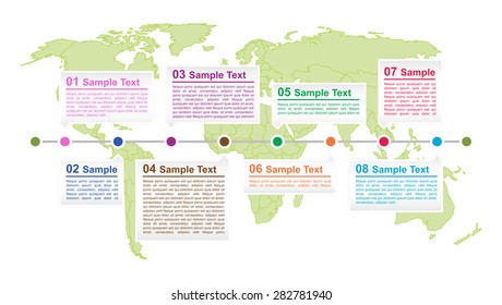 Green world map info graphic colorful dotted timeline sample text template. Worldwide poster layout with gray text box environment banner.