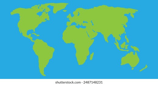 Green world map isolated on blue background. Vector illustration.