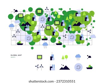 Green world map with legend. Ecology and civilisation. Flat illustration, infographic element. Vector file.