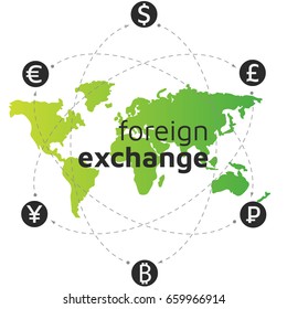 Green world map, money and bitcoin icon. Bitcoin remittance. Abstract sign currency exchange flat design. Illustration. Editable eps10 Vector. Transparent background.