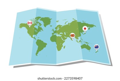 green world map on folded paper with pin. Vector Illustration. Finding the way concept.3d world map paper, loka sithiyama