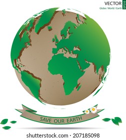 green world map overlay on recycle paper globe with banner of love our earth, 3d vector illustration