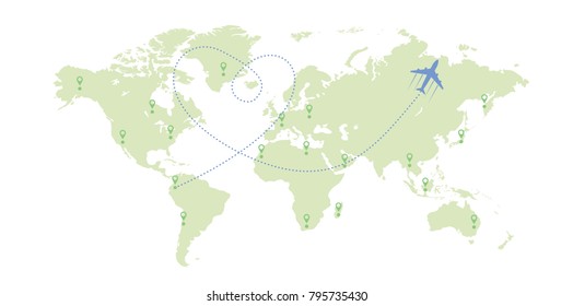 Green world map with points and aircraft with its track. Vector illustration.