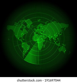 Green world map with a radar screen