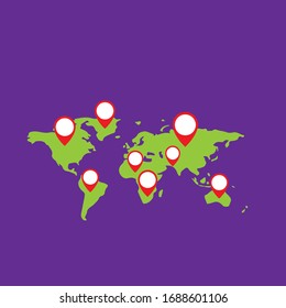 green world map and red map pin.Conceptual vector illustration in flat style design.Isolated on background.
