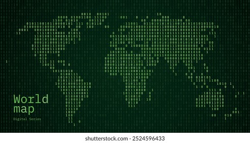 Mapa do mundo verde mostrado no padrão de código binário. Números da Matriz Verde, zero, um.	