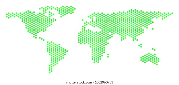 Green World map. Vector hex tile territorial plan using eco green color tones. Abstract World map concept is done of hex tile spots.