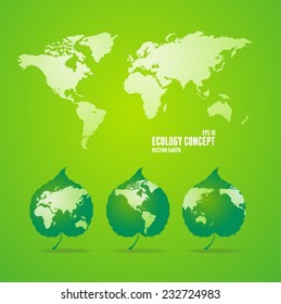 Green world maps and leaves like globe. Eco concept