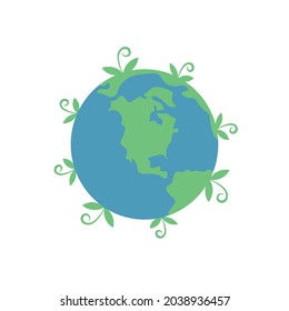 Green world qlobe with leaf in simple style isolated on white background illustration	